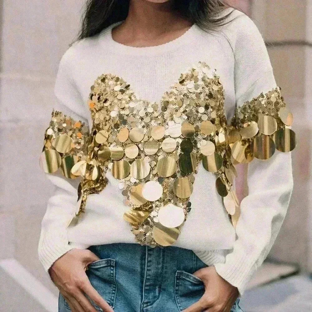 Women's Luxurious stylish Sequin detailed Long Sleeve Sweater top